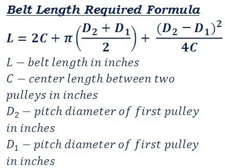 formula to calculate v or flat belt length required to connect two pulleys for mechanical power transmission