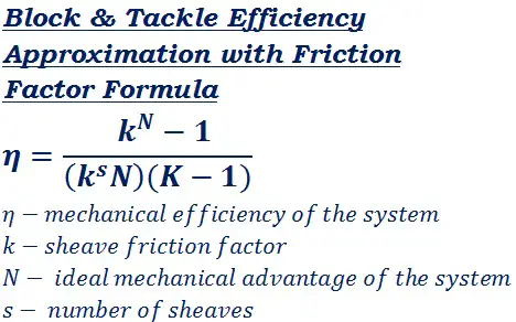 formula to calculate pulley & rope system efficiency with friction factor