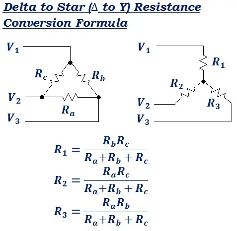 formula to convert Delta to Star (Δ to Y) equivalent resistance