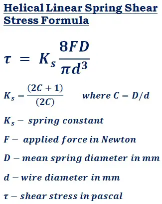 formula to calculate shear stress of the helical linear spring (τ)