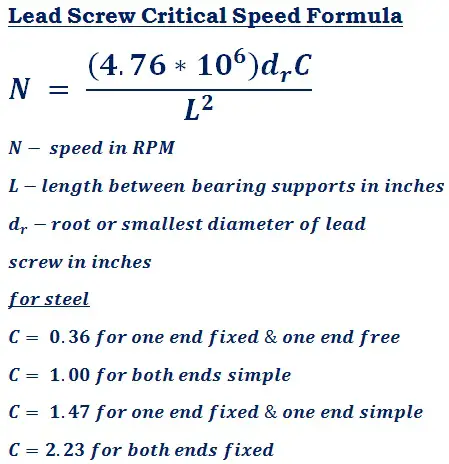 formula to calculate critical speed of a lead or power screw