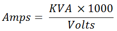 Single Phase Current Calculation Formula; Amps = kVA x 1000 / volts