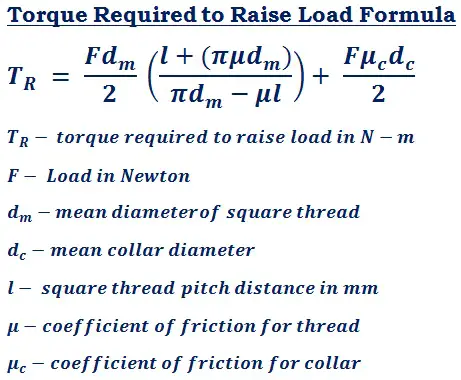 formula to calculate torque required to raise load (T<sub>R</sub>) for square thread power transmission