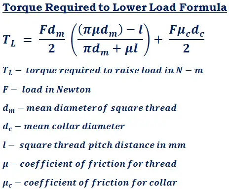 formula to calculate torque required to lower load (T<sub>L</sub>) for square thread power transmission