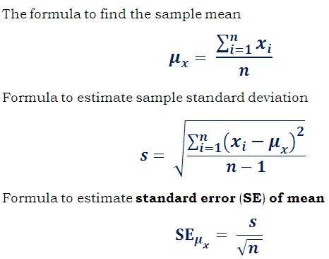 formula to estimate standard error (SE) of mean (SEM)