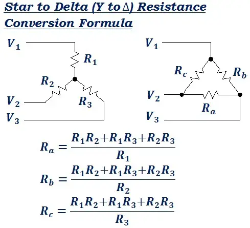 formula to convert Star to Delta (Y to Δ) equivalent resistance