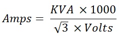 Three Phase Current Calculation Formula; Amps = kVA x 1000 / √3 x volts